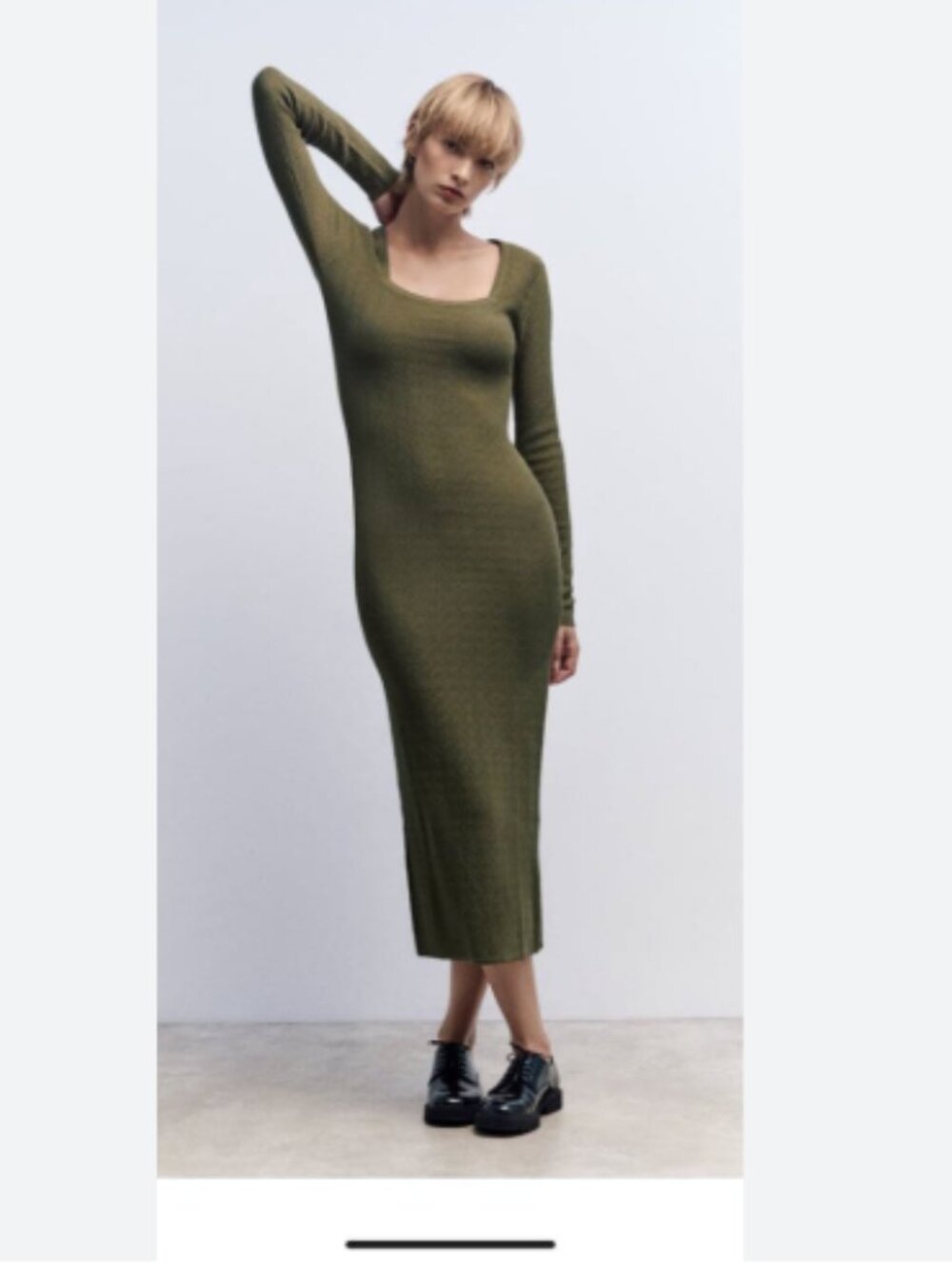 Zara Olive Green Ribbed Bodycon Maxi Dress Square Neck Size Small